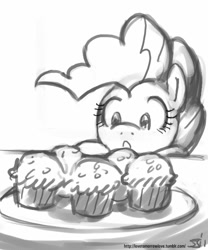 Size: 833x1000 | Tagged: safe, artist:johnjoseco, character:pinkie pie, cupcake, female, grayscale, monochrome, solo