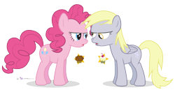 Size: 850x450 | Tagged: safe, artist:dm29, character:derpy hooves, character:pinkie pie, species:pegasus, species:pony, argument, cupcake, cupcakes vs muffins, duo, female, mare, muffin, simple background, transparent background