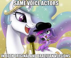 Size: 701x576 | Tagged: safe, artist:johnjoseco, character:princess celestia, brazil, crossover, denise reis, english, exploitable meme, littlest pet shop, meme, microphone, nicole oliver, same voice actor, the fun has been doubled, zoe trent