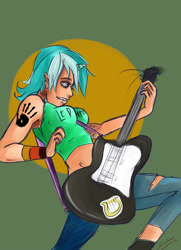 Size: 1450x2000 | Tagged: safe, artist:sundown, character:lyra heartstrings, species:human, fanfic:anthropology, breasts, busty lyra heartstrings, electric guitar, elf ears, fanfic, fanfic art, female, guitar, handprint, horn, horned humanization, humanized, led zeppelin, lyre, solo, tattoo