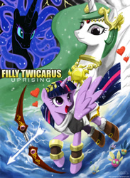 Size: 1000x1364 | Tagged: safe, artist:johnjoseco, character:nightmare moon, character:princess celestia, character:princess luna, character:twilight sparkle, character:twilight sparkle (alicorn), species:alicorn, species:pony, bow (weapon), female, gorgon, hilarious in hindsight, kid icarus, kid icarus: uprising, mare, medusa, palutena, parasprite, pit (kid icarus), ponified, princess, weapon