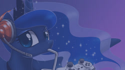 Size: 1920x1080 | Tagged: safe, artist:johnjoseco, character:princess luna, gamer luna, controller, drinking, female, headphones, solo, tumblr, wallpaper