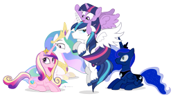 Size: 1185x660 | Tagged: safe, artist:dm29, character:princess cadance, character:princess celestia, character:princess luna, character:shining armor, character:twilight sparkle, character:twilight sparkle (alicorn), species:alicorn, species:pony, alicorn pentarchy, alicorn tetrarchy, alicornified, harem, prince shining armor, race swap, shining armor gets all the mares, simple background, transparent background
