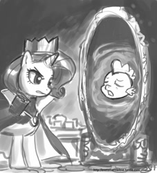 Size: 909x1000 | Tagged: safe, artist:johnjoseco, character:rarity, character:spike, clothing, crossover, crown, disney, duo, grayscale, grimhilde, mirror, monochrome, snow white, snow white and the seven dwarfs