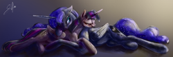 Size: 2000x664 | Tagged: safe, artist:silfoe, character:princess luna, character:twilight sparkle, character:twilight sparkle (alicorn), species:alicorn, species:pony, ship:twiluna, bedroom eyes, cuddling, female, floppy ears, hug, lesbian, mare, on side, shipping, smiling, snuggling