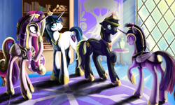 Size: 5000x3000 | Tagged: safe, artist:silfoe, character:princess cadance, character:shining armor, character:twilight sparkle, character:twilight sparkle (alicorn), oc, oc:zephyr, species:alicorn, species:pony, accessory swap, armor, beautiful, canon x oc, female, mare, role reversal, twiphyr