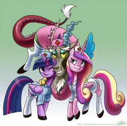 Size: 1000x992 | Tagged: safe, artist:johnjoseco, character:discord, character:princess cadance, character:twilight sparkle, character:twilight sparkle (alicorn), species:alicorn, species:draconequus, species:pony, episode:three's a crowd, g4, my little pony: friendship is magic, clothing, crossdressing, eyeshadow, female, femboy discord, frown, grin, hug, lidded eyes, lip bite, looking at you, mare, nurse, nurse outfit, raised eyebrow, shoes, smiling, socks, stockings, unamused