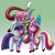 Size: 1000x992 | Tagged: safe, artist:johnjoseco, character:discord, character:princess cadance, character:twilight sparkle, character:twilight sparkle (alicorn), species:alicorn, species:draconequus, species:pony, episode:three's a crowd, g4, my little pony: friendship is magic, clothing, crossdressing, eyeshadow, female, femboy discord, frown, grin, hug, lidded eyes, lip bite, looking at you, mare, nurse, nurse outfit, raised eyebrow, shoes, smiling, socks, stockings, unamused