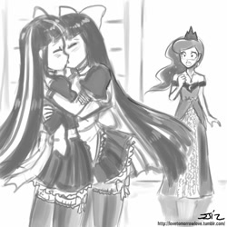 Size: 850x850 | Tagged: safe, artist:johnjoseco, character:princess luna, character:twilight sparkle, species:human, anarchy stocking, blushing, clothing, costume, crossover, crossover shipping, crown, eyes closed, female, grayscale, humanized, jewelry, kissing, lesbian, long hair, maid, monochrome, multicolored hair, necklace, open mouth, panty and stocking with garterbelt, regalia, ribbon, shipping, short skirt, skirt, trio