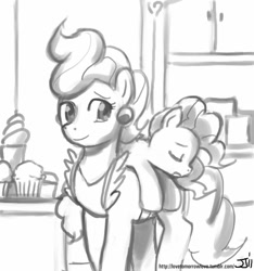 Size: 748x800 | Tagged: safe, artist:johnjoseco, character:cup cake, character:pinkie pie, filly, grayscale, monochrome, sleeping