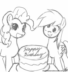 Size: 748x800 | Tagged: safe, artist:johnjoseco, character:derpy hooves, character:pinkie pie, species:pegasus, species:pony, cake, female, grayscale, mare, monochrome
