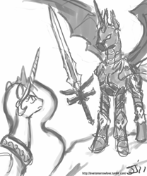 Size: 667x800 | Tagged: safe, artist:johnjoseco, character:princess celestia, oc, species:alicorn, species:bat pony, species:pony, alicorn oc, bat pony alicorn, frostmourne, glare, grayscale, lich king, monochrome, ponified, spread wings, sword, warcraft, weapon, wings