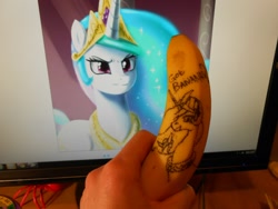 Size: 1632x1224 | Tagged: safe, artist:johnjoseco, artist:synch-anon, character:princess celestia, princess molestia, banana, bananalestia, celestia is not amused, photo, princess celestia is not amused, unamused, waifu dinner