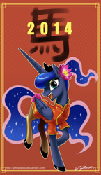 Size: 800x1376 | Tagged: safe, artist:johnjoseco, character:princess luna, species:alicorn, species:pony, 2014, ask gaming princess luna, cheongsam, chinese new year, clothing, cute, dress, ethereal mane, eyeshadow, female, flower, flower in hair, galaxy mane, pantyhose, shoes, solo, year of the horse