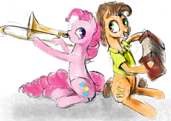 Size: 1185x840 | Tagged: safe, artist:silfoe, character:cheese sandwich, character:pinkie pie, episode:pinkie pride, g4, my little pony: friendship is magic, accordion, grin, looking back, musical instrument, puffy cheeks, sitting, smiling, trombone