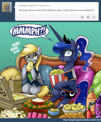 Size: 800x965 | Tagged: safe, artist:johnjoseco, character:derpy hooves, character:princess luna, species:pegasus, species:pony, gamer luna, :3, :t, american football, ask gaming princess luna, clothing, comic, eating, female, food, hot sauce, jersey, looking at you, mare, messy, messy eating, muffin, nom, pizza, ponytail, popcorn, potato chips, sitting, smiling, soda, super bowl, tumblr, wide eyes