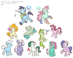 Size: 1500x1200 | Tagged: safe, artist:egophiliac, character:fizzy, character:gusty, character:heart throb, character:lofty, character:mimic (g1), character:minty, character:powder, species:bird, species:pony, g1, g3, bandana, clipper (g1), clothing, fishing rod, mouth hold, salty (g1), slice of pony life, socks, softshoe, spring song