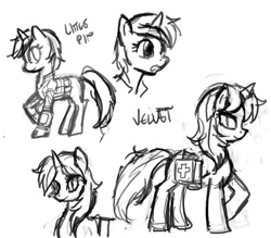 Size: 900x788 | Tagged: safe, artist:johnjoseco, oc, oc only, oc:littlepip, oc:velvet remedy, species:pony, species:unicorn, fallout equestria, :o, black and white, clothing, fanfic, fanfic art, female, grayscale, hooves, horn, mare, medical saddlebag, monochrome, open mouth, pipbuck, raised hoof, saddle bag, simple background, smiling, vault suit, white background
