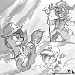 Size: 850x850 | Tagged: safe, artist:johnjoseco, character:daring do, character:pinkie pie, character:pipsqueak, crossover, grayscale, indiana jones, indiana jones and the temple of doom, indiana pones, mola ram, monochrome, short round