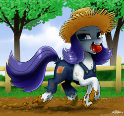 Size: 1000x938 | Tagged: safe, artist:johnjoseco, character:rarity, episode:simple ways, g4, my little pony: friendship is magic, alternate hairstyle, apple, chest fluff, clothing, dirty, female, hat, looking at you, messy, mouth hold, mud, overalls, rarihick, smiling, solo, straw hat, trotting