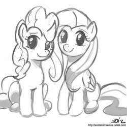 Size: 850x850 | Tagged: safe, artist:johnjoseco, character:fluttershy, character:pinkie pie, ship:flutterpie, female, grayscale, lesbian, monochrome, shipping
