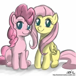 Size: 850x850 | Tagged: safe, artist:johnjoseco, artist:speccysy, character:fluttershy, character:pinkie pie, ship:flutterpie, colored, cute, female, lesbian, moe, shipping
