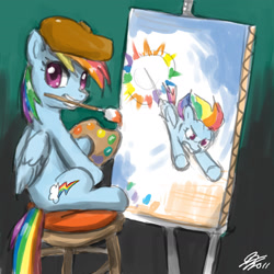 Size: 2400x2400 | Tagged: safe, artist:johnjoseco, character:rainbow dash, species:pegasus, species:pony, g4, my little pony: friendship is magic, brush, easel, female, high res, painting, solo, sonic rainboom
