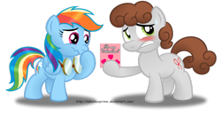 Size: 1024x531 | Tagged: safe, artist:aleximusprime, character:rainbow dash, oc, oc:dreamer, blushing, canon x oc, crush, embarrassed, female, giggling, goggles, male, nervous, rainmer, simple background, straight, sweat, sweatdrop, transparent background, valentine