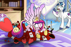 Size: 3000x2000 | Tagged: safe, artist:silfoe, character:princess cadance, character:shining armor, episode:hearts and hooves day, g4, my little pony: friendship is magic, candle, chocolate, eating, excited, floppy ears, heart, hoard, looking at you, open mouth, prone, rose, smiling, spread wings, unamused, valentine, wide eyes, wingboner, wings