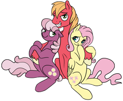Size: 1842x1500 | Tagged: safe, artist:silfoe, character:big mcintosh, character:cheerilee, character:fluttershy, species:earth pony, species:pony, ship:cheerimac, ship:fluttermac, bedroom eyes, big macintosh gets all the mares, bigamy, cheerimacshy, floppy ears, grin, harem, hug, implied threesome, looking at you, male, ot3, polygamy, shipping, simple background, sitting, smiling, smirk, smug, stallion, straight, swag, transparent background