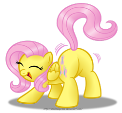 Size: 1280x1190 | Tagged: safe, artist:aleximusprime, character:fluttershy, butt shake, female, flutterbutt, happy, plot, raised tail, simple background, smiling, solo, transparent background, wiggle