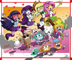 Size: 1089x897 | Tagged: safe, artist:the-butch-x, character:applejack, character:fluttershy, character:rarity, character:twilight sparkle, my little pony:equestria girls, alan the balloon, anais watterson, carrie krueger, crossover, darwin watterson, drool, gumball watterson, heart eyes, penny fitzgerald, rachel wilson, teri the paper bear, the amazing world of gumball, tobias wilson, wingding eyes