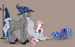 Size: 4000x2500 | Tagged: safe, artist:silfoe, character:princess celestia, character:princess luna, character:star swirl the bearded, species:alicorn, species:pony, species:unicorn, behaving like a cat, blep, bow, brown background, cewestia, clothing, cute, cutelestia, face down ass up, female, filly, foal, frown, glare, grumpy, hat, lunabetes, male, pink-mane celestia, ribbon, royal sisters, s1 luna, silfoe is trying to murder us, simple background, sisters, smiling, stallion, standing, star swirl is not amused, tongue out, trio, unamused, wide eyes, wizard hat, woona, younger