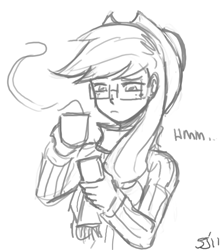 Size: 800x902 | Tagged: safe, artist:johnjoseco, character:applejack, species:human, clothing, coffee, female, glasses, grayscale, hipster, humanized, monochrome, scarf, solo