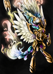 Size: 2500x3500 | Tagged: safe, artist:silfoe, character:princess celestia, species:alicorn, species:pony, angry, armor, axe, badass, battle axe, bipedal, black background, female, glowing eyes, gritted teeth, magic, messy mane, rage, rearing, simple background, solo, spread wings, telekinesis, traditional art, warrior celestia, weapon, wings