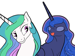 Size: 2000x1500 | Tagged: safe, artist:silfoe, character:princess celestia, character:princess luna, species:pony, blep, eyes closed, floppy ears, raised eyebrow, silly, silly pony, simple background, smiling, teasing, tongue out