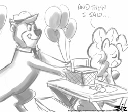 Size: 840x735 | Tagged: safe, artist:johnjoseco, character:pinkie pie, :q, balloon, candy, crossover, eyes closed, eyes on the prize, food, grayscale, licking, licking lips, monochrome, open mouth, picnic basket, sitting, smiling, tongue out, yogi bear