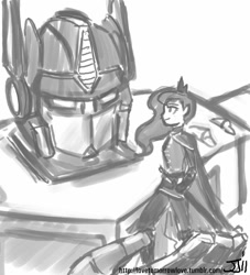 Size: 906x1000 | Tagged: safe, artist:johnjoseco, character:princess luna, species:human, cape, clothing, crossover, grayscale, humanized, monochrome, optimus prime, sword, transformers, warrior luna