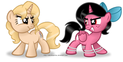Size: 1024x516 | Tagged: safe, artist:aleximusprime, oc, oc only, oc:taralicious, species:alicorn, species:pony, species:unicorn, alicorn oc, bow, clash of the twilights, competition, female, kira buckland, mare, rina-chan, simple background, tara strong, transparent background, voice actor