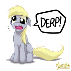 Size: 810x810 | Tagged: safe, artist:mysticalpha, character:derpy hooves, species:pegasus, species:pony, derp, female, floppy ears, mare, open mouth, sad, sitting, solo, tongue out