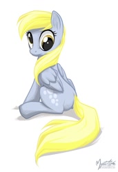 Size: 762x1117 | Tagged: safe, artist:mysticalpha, character:derpy hooves, species:pegasus, species:pony, female, looking at you, looking back, mare, sitting