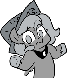 Size: 425x492 | Tagged: safe, artist:egophiliac, character:princess luna, moonstuck, cartographer's cap, clothing, female, filly, grayscale, hat, looking at you, monochrome, shrug, shrugpony, solo, woona