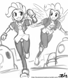 Size: 735x840 | Tagged: safe, artist:johnjoseco, character:pinkie pie, character:surprise, species:human, g1, clone, clothing, crossover, earring, female, gloves, grayscale, humanized, megaman legends, monochrome, pantyhose, tron bonne, winged humanization