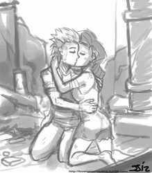 Size: 735x840 | Tagged: safe, artist:johnjoseco, character:rarity, character:spike, species:human, ship:sparity, female, grayscale, humanized, kissing, male, monochrome, older, ruins, shipping, straight