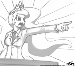 Size: 840x735 | Tagged: safe, artist:johnjoseco, character:princess celestia, species:human, ace attorney, crossover, dramatic point, female, grayscale, humanized, monochrome, objection, phoenix wright