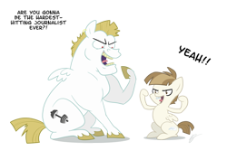Size: 900x600 | Tagged: safe, artist:egophiliac, character:bulk biceps, character:featherweight, species:pegasus, species:pony, g4, colt, male, simple background, sitting, stallion, yeah