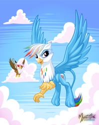Size: 950x1200 | Tagged: safe, artist:mysticalpha, character:gilda, character:rainbow dash, species:griffon, ship:gildash, cloud, cloudy, female, flying, griffonized, heart, heart eyes, lesbian, observer, open mouth, rainbow griffon, shipping, smiling, species swap, spread wings, wingboner, wings