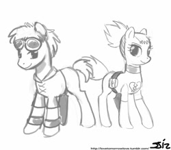Size: 840x735 | Tagged: safe, artist:johnjoseco, species:earth pony, species:pony, belt, clothing, digimon, duo, female, goggles, grayscale, looking at you, male, mare, monochrome, ponified, rika, ruki makino, simple background, smiling, stallion, standing, takato, takato matsuda