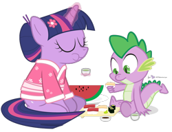 Size: 910x700 | Tagged: safe, artist:dm29, character:spike, character:twilight sparkle, alternate hairstyle, duo, eating, food, kimono (clothing), simple background, sushi, transparent background, watermelon