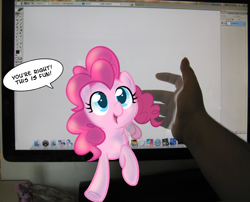 Size: 1078x872 | Tagged: safe, artist:egophiliac, character:pinkie pie, character:twilight sparkle, species:earth pony, species:human, species:pony, breaking the fourth wall, computer, dialogue, female, fourth wall, fourth wall destruction, hand, irl, irl human, mac os x, mare, operating system, photo, pinkie being pinkie, ponies in real life, speech bubble, toy, underhoof